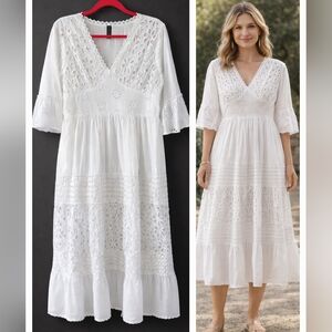 Womens COTTON Eyelet WHITE Flowy Midi SUMMER Cottagecore BOHO Lace DRESS Size XL